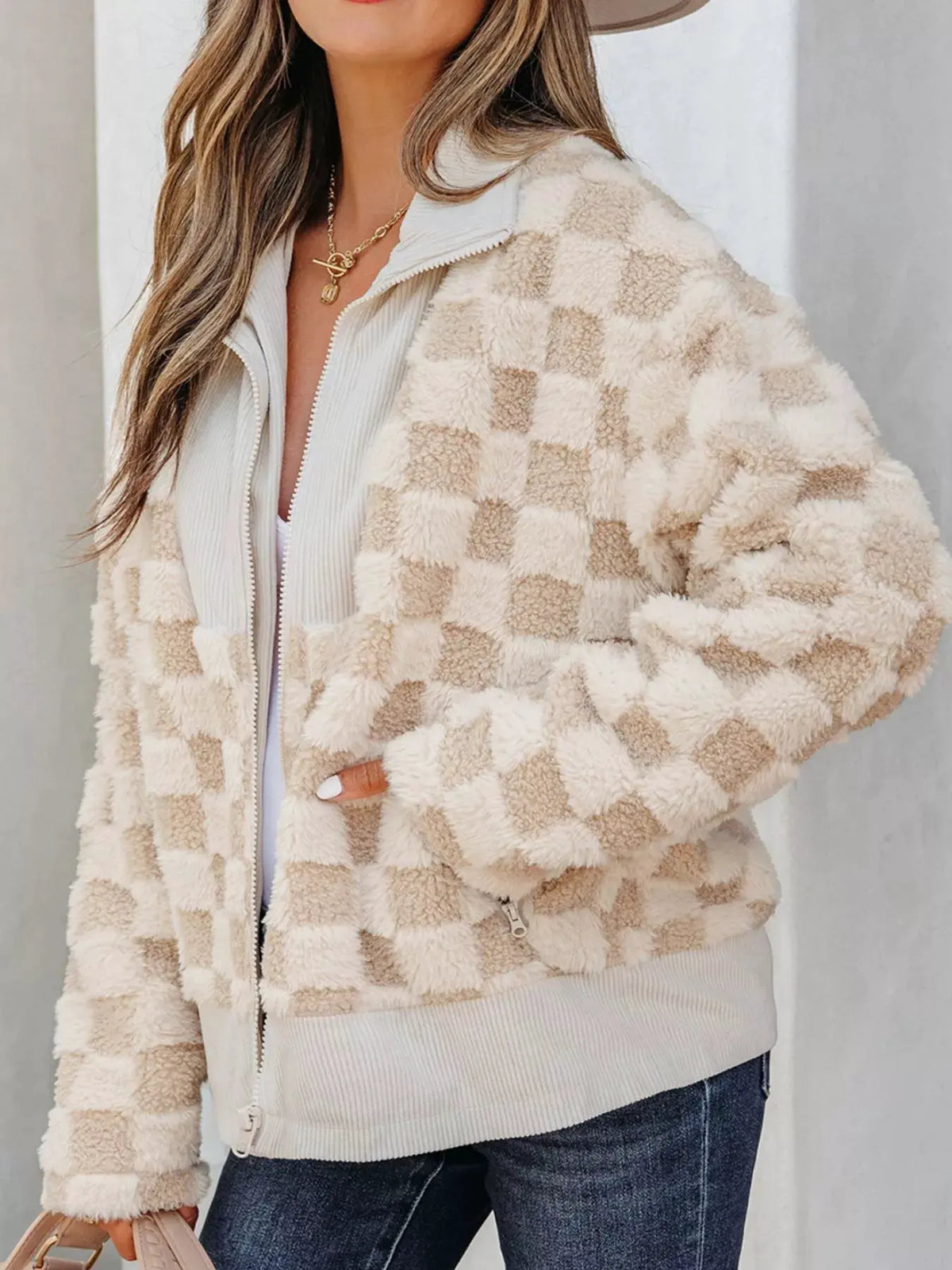 Checker Sherpa Corduroy Patchwork Zip Up Jacket by Partner Label
