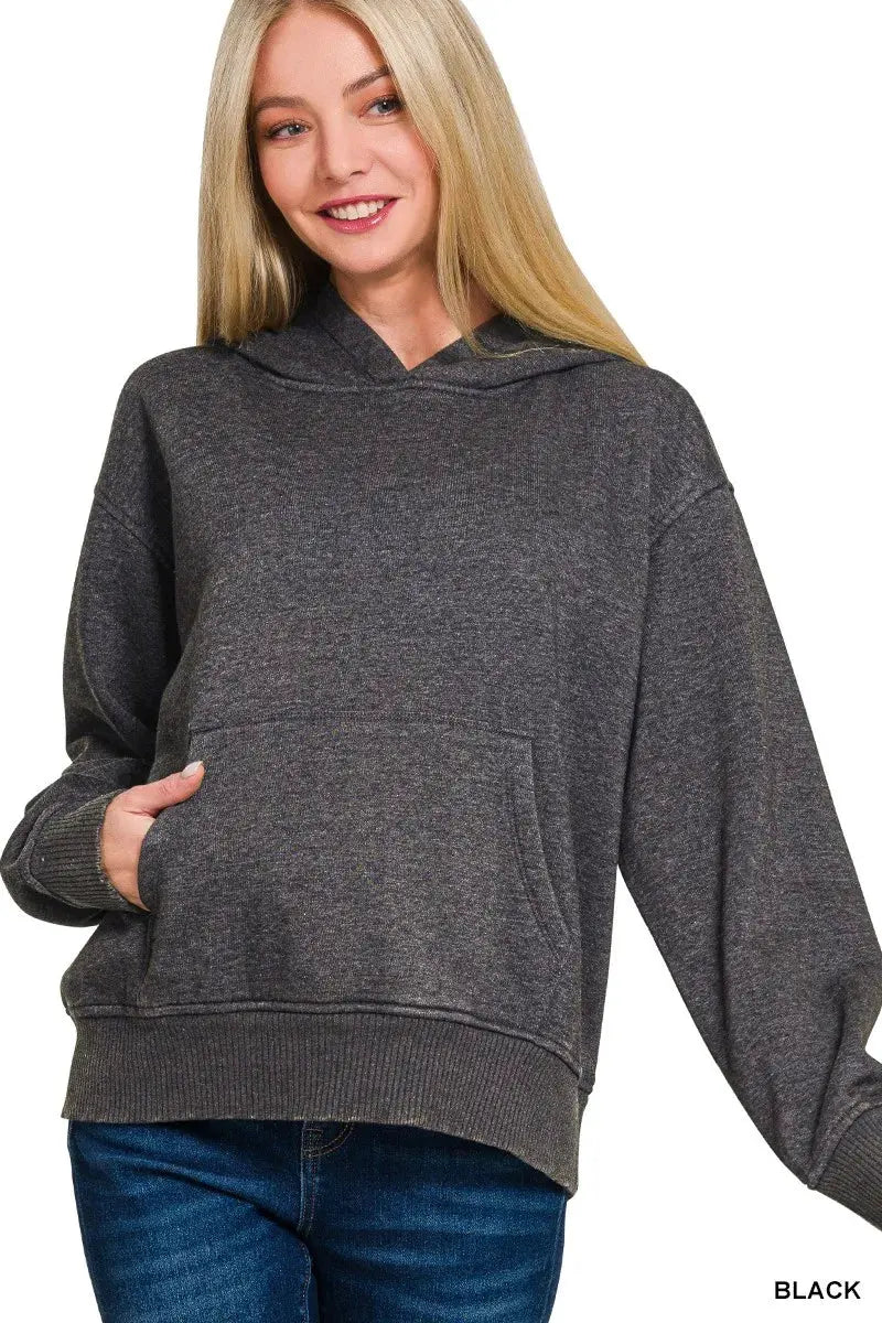 Zenana Fleece Acid Wash Kangaroo Pocket Hoodie by Zenana