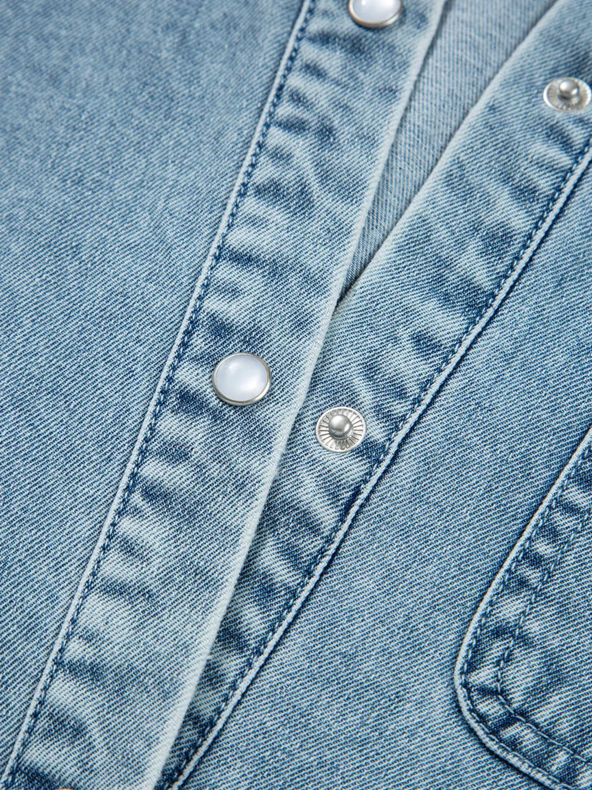 Smocked Cuffs Flared Denim Shirt Mini Dress by Partner Label