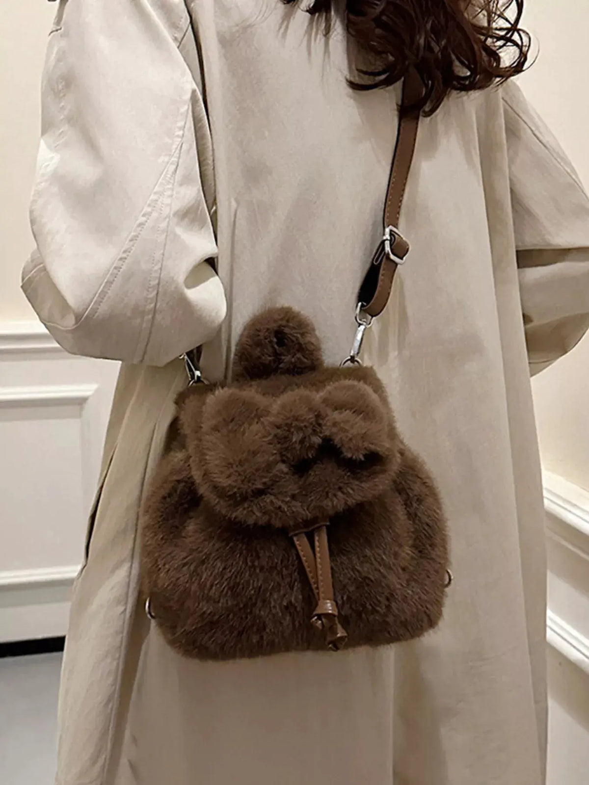 Fuzzy Plush Drawstring Backpack Bag by Partner Label