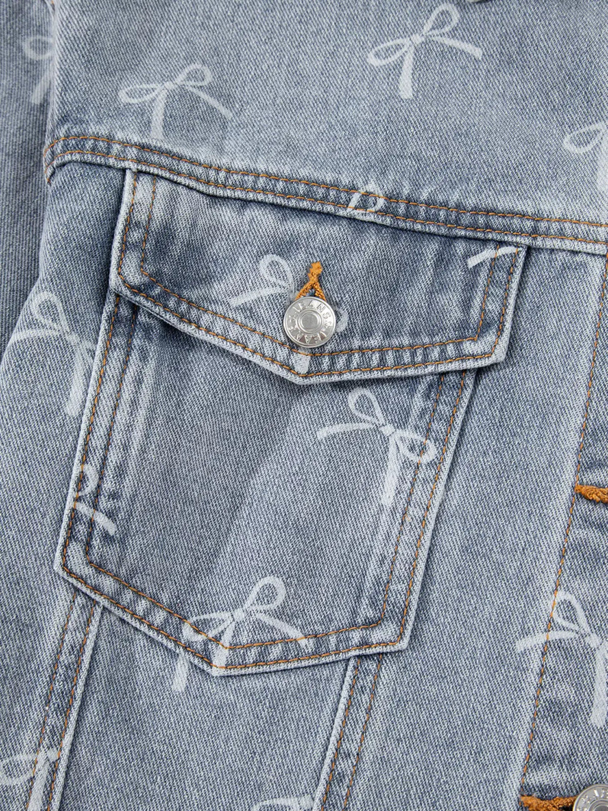 Bow Knot Print Light Wash Raw Hem Denim Jacket by Partner Label