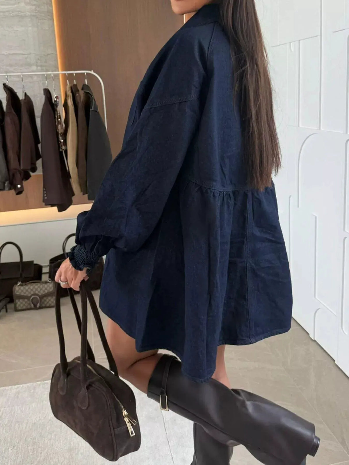 Button Down Mini Denim Dress with Front Pockets by Partner Label