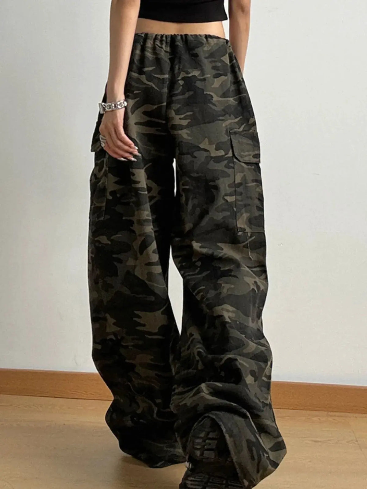 Drawstring Camouflage Cargo Wide Leg Jeans by Partner Label