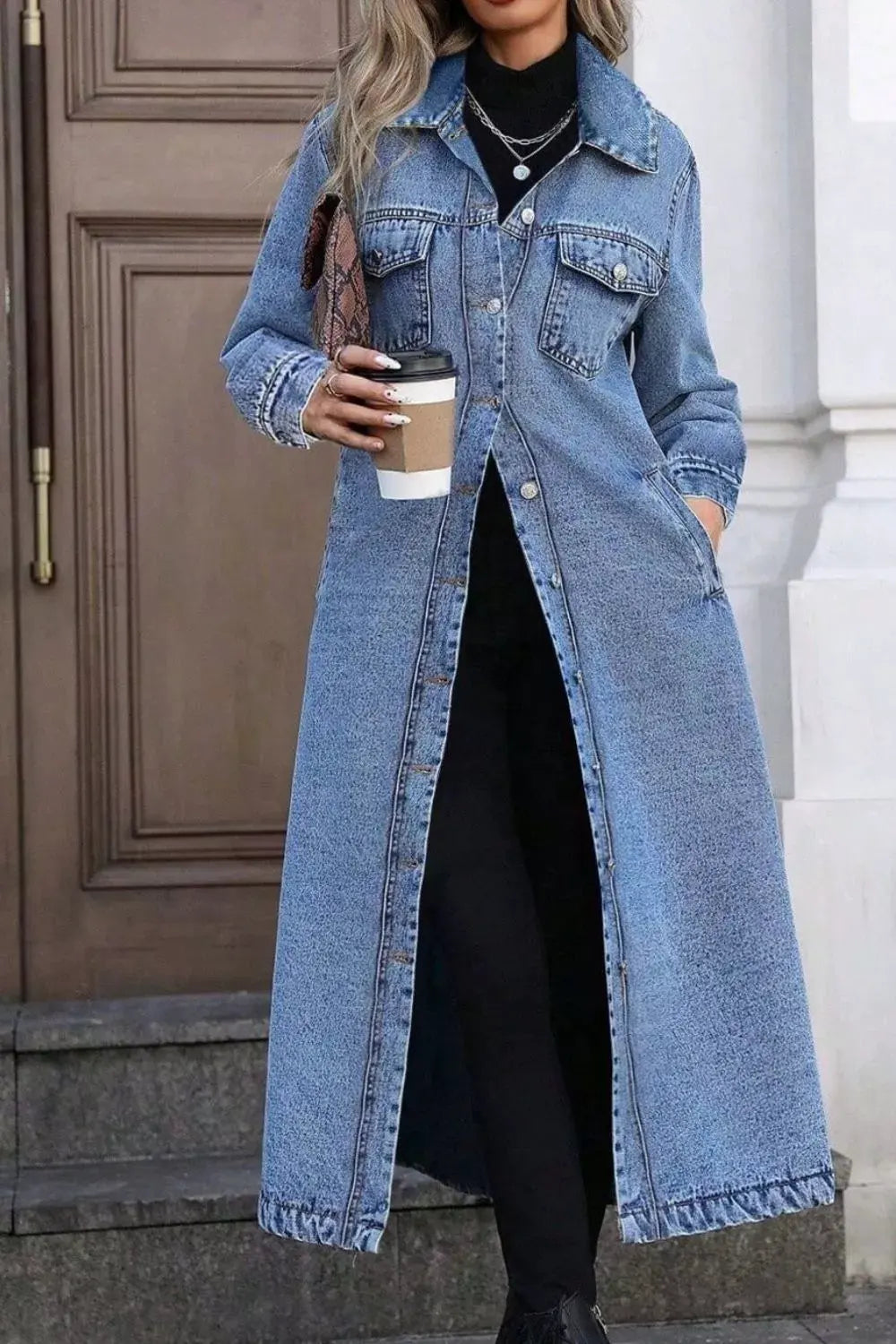 Longline Button-Down Denim Jacket by Partner Label