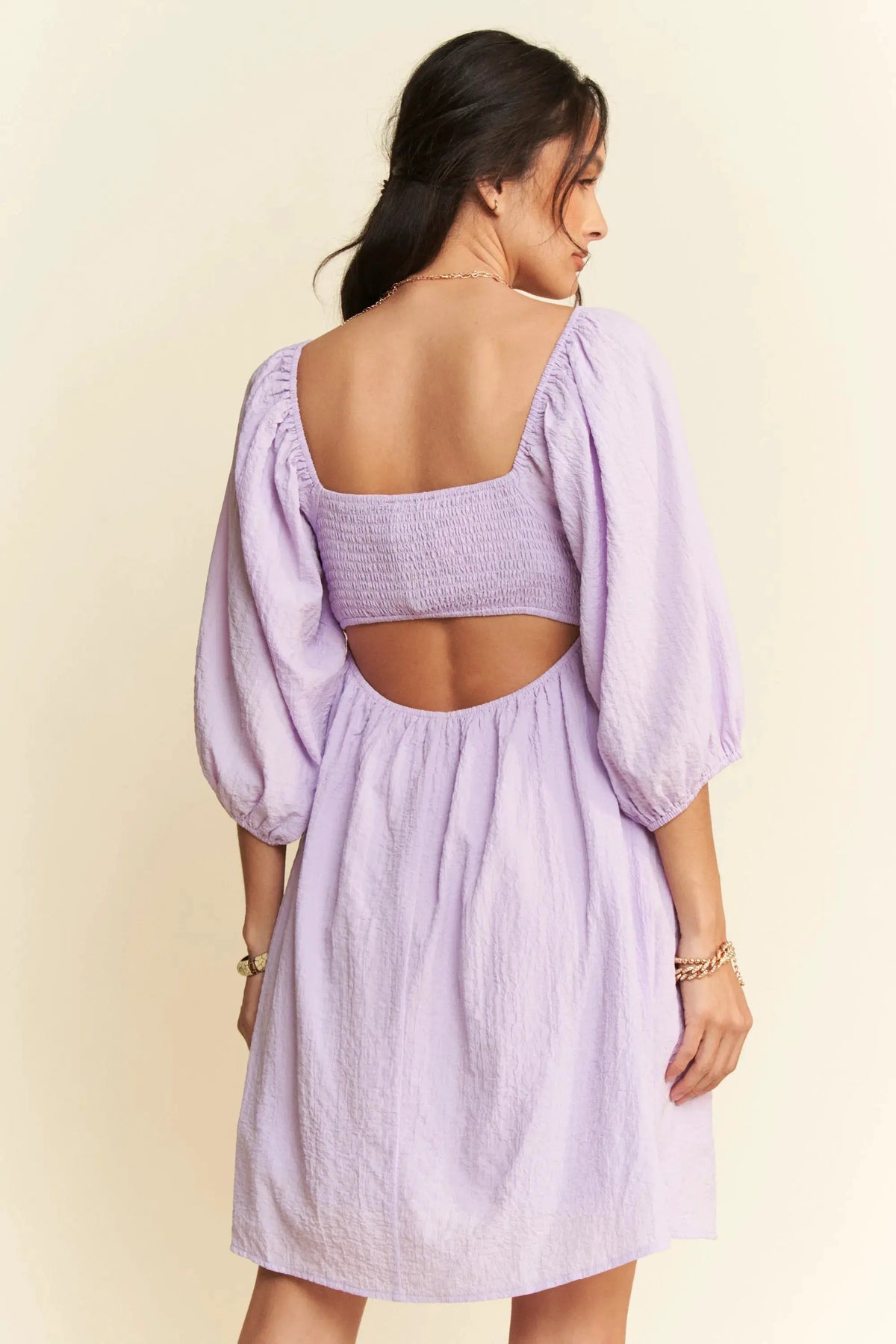 Davi & Dani Self-Tie Puff Sleeve Smocking Open Back Mini Dress by Davi & Dani