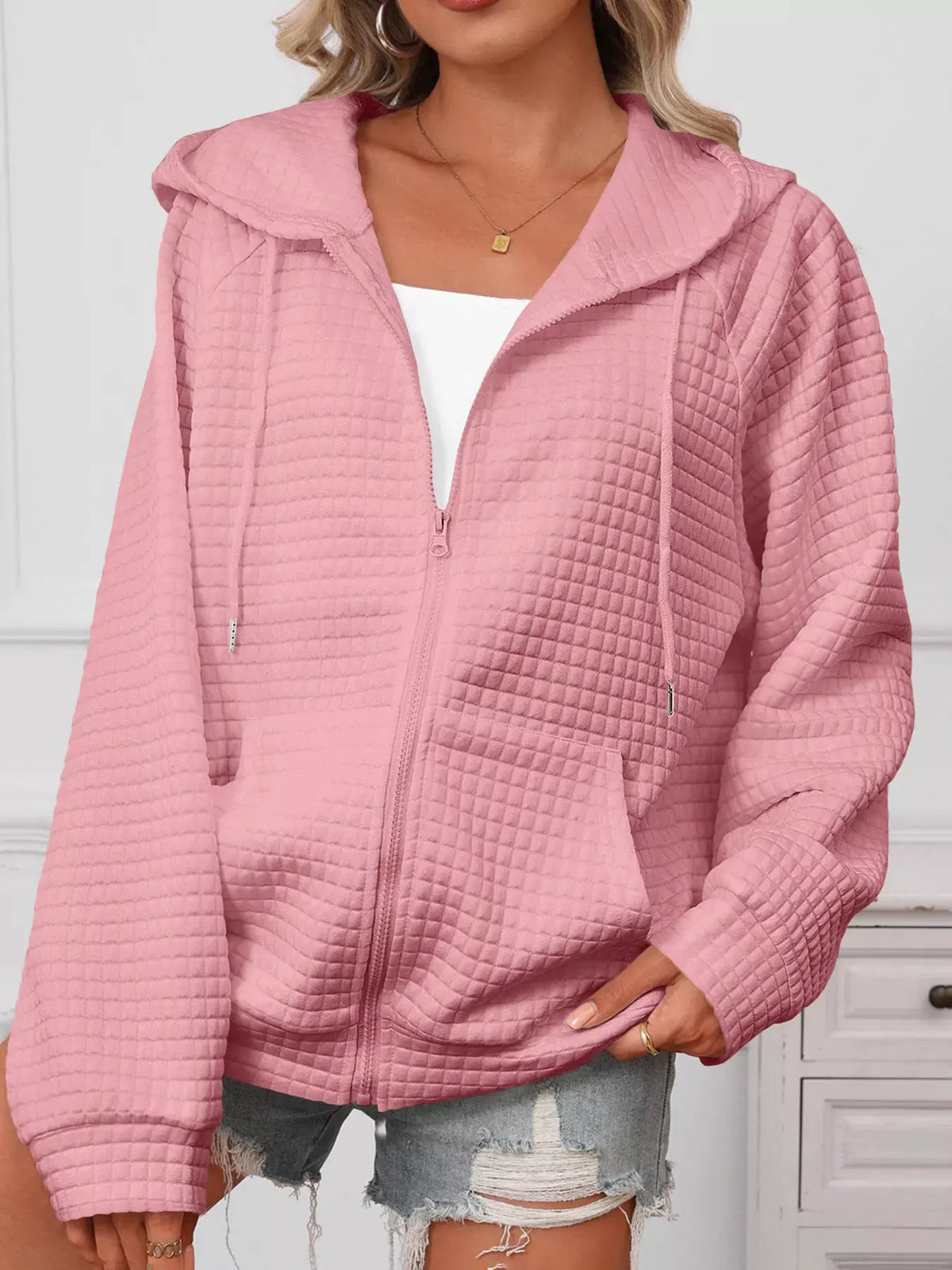 Full Size Textured Quilted Zip-Up Hooded Jacket Plus Size by Partner Label
