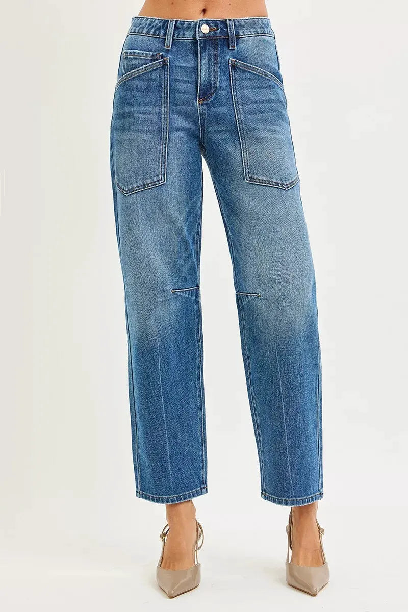 RISEN 4 Way Stretch Mid Rise Barrel Jeans with Patch Pocket Detail by RISEN