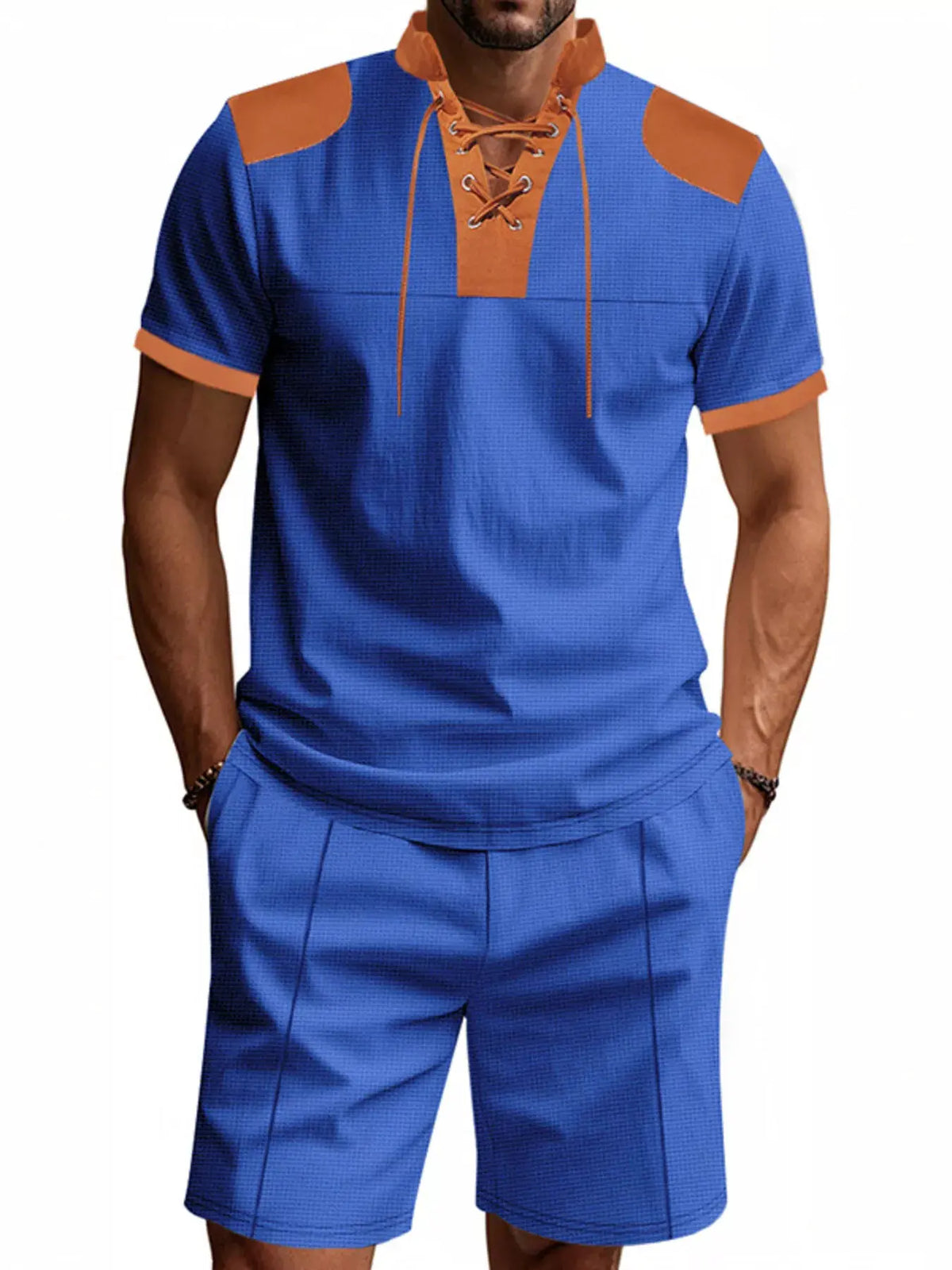 Men's Full Size Lace-Up Collar Casual Top and Shorts Set Plus Size by Trendsi