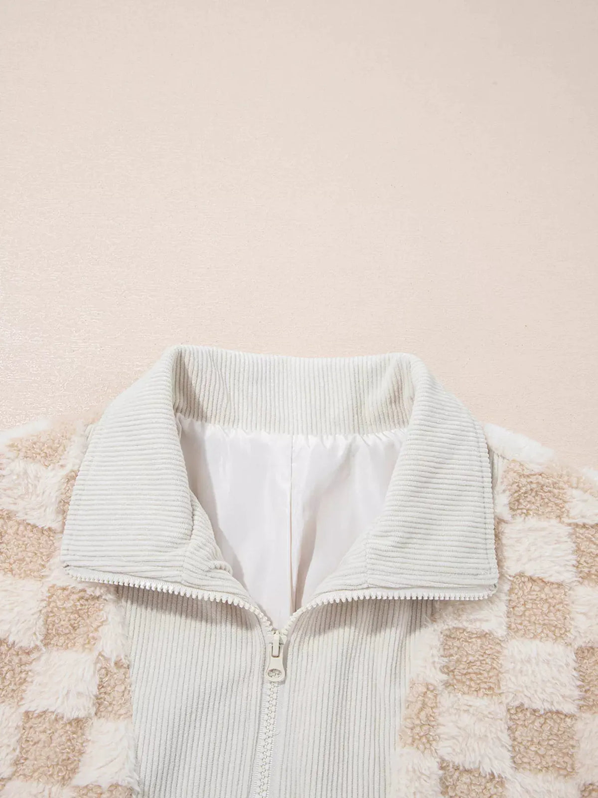 Checker Sherpa Corduroy Patchwork Zip Up Jacket by Partner Label