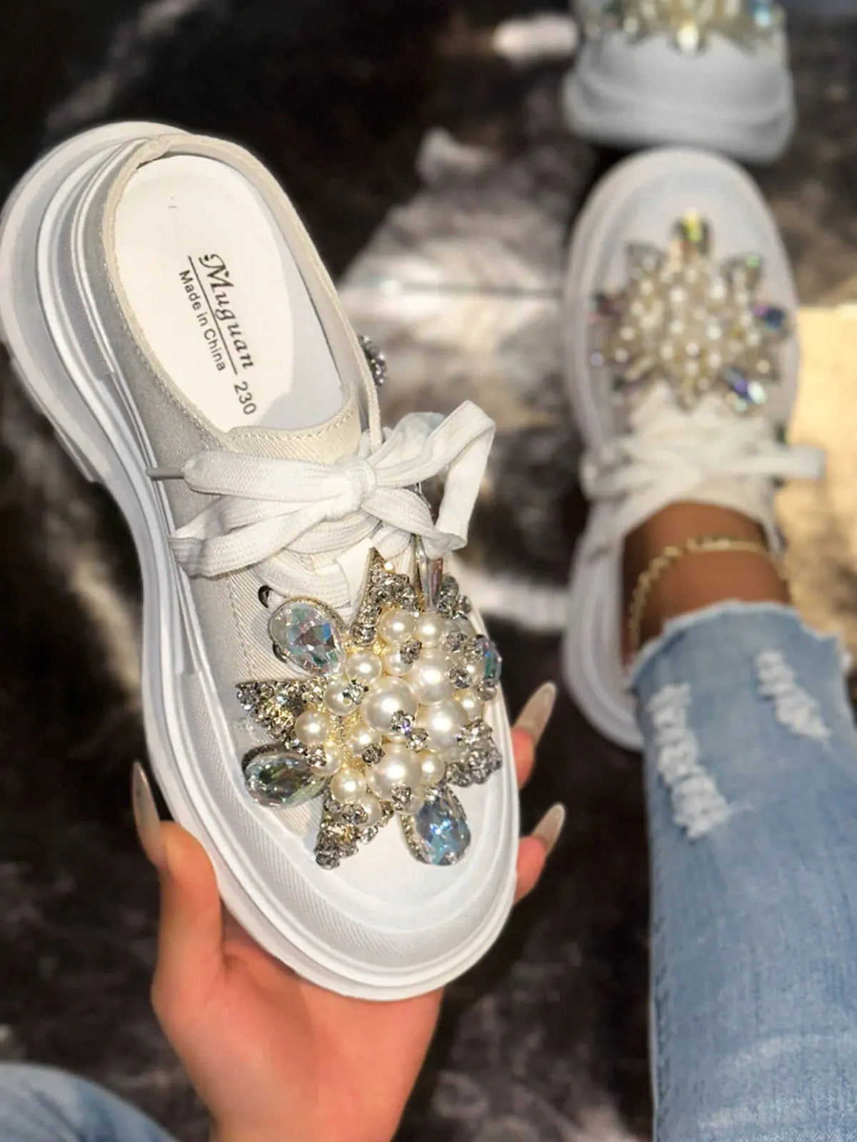 Pearl Embellished Platform Slip-Ons by Partner Label