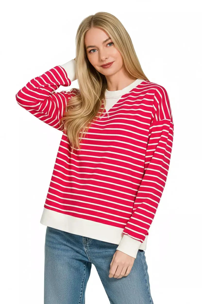 Zenana Contrast Striped Round Neck Sweatshirt by Zenana