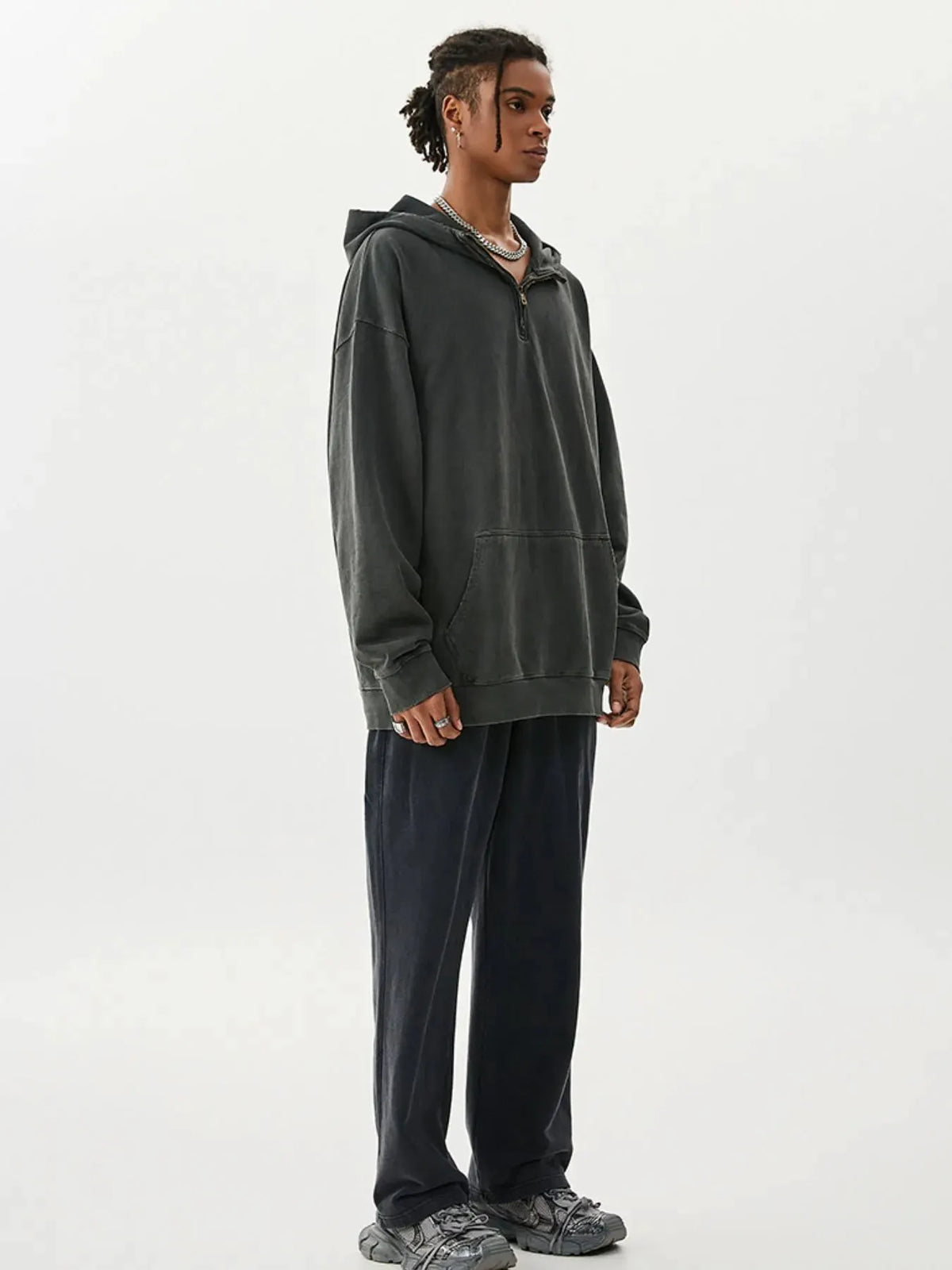 Men's Washed Quarter-Zip Hoodie with Kangaroo Pocket by Trendsi