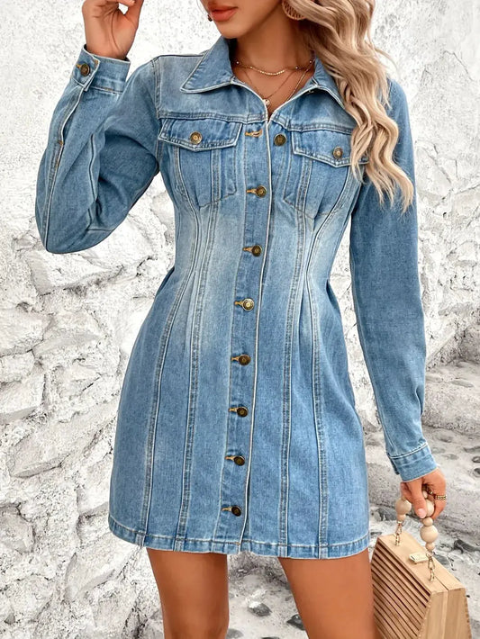 Pocketed Button Up Long Sleeve Denim Dress by Partner Label