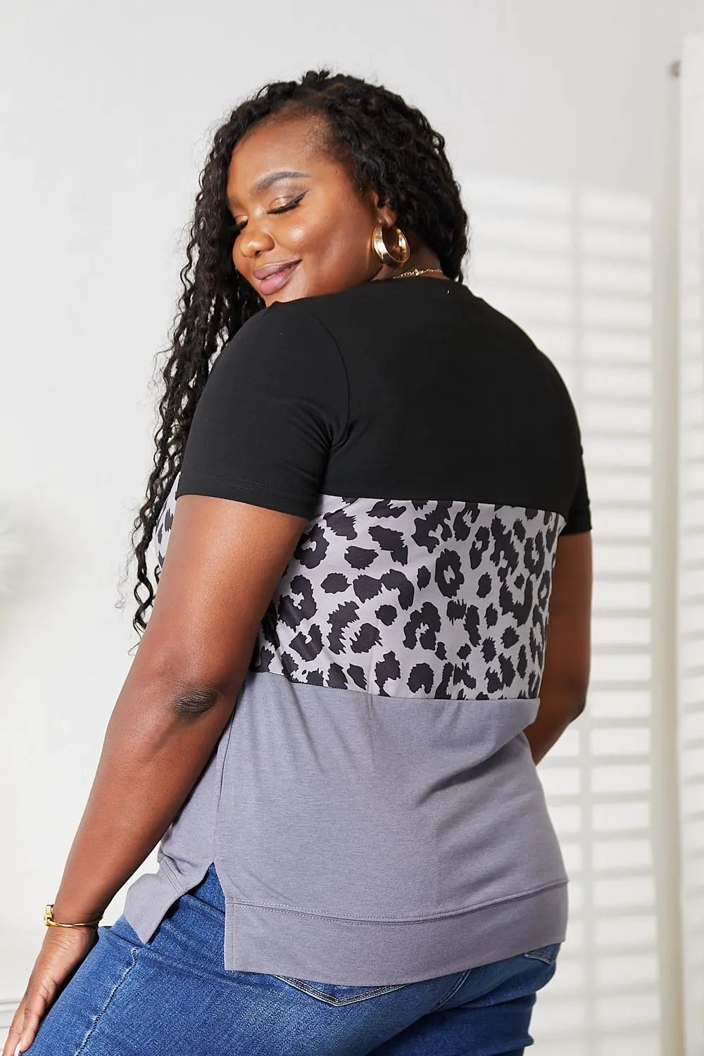 Double Take Leopard Print Color Block Short Sleeve T-Shirt by Partner Label