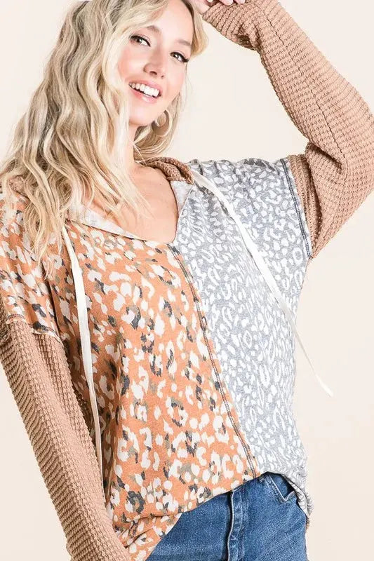 BiBi Popcorn Waffle Knit Hoodie with Print Block Front by BiBi
