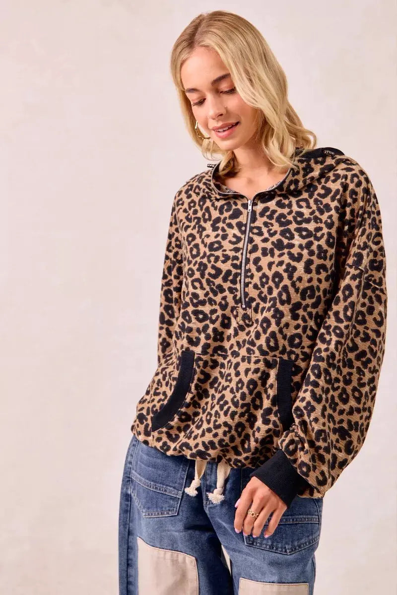 BiBi Leopard Print Waffle Half Zip Up Hoodie W Pocket by BiBi