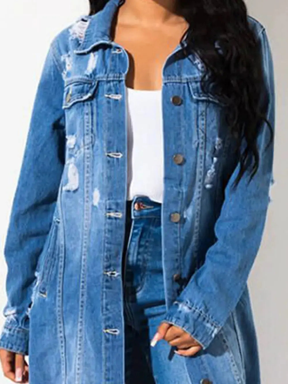 Long Sleeve Raw Hem Denim Jacket by Partner Label