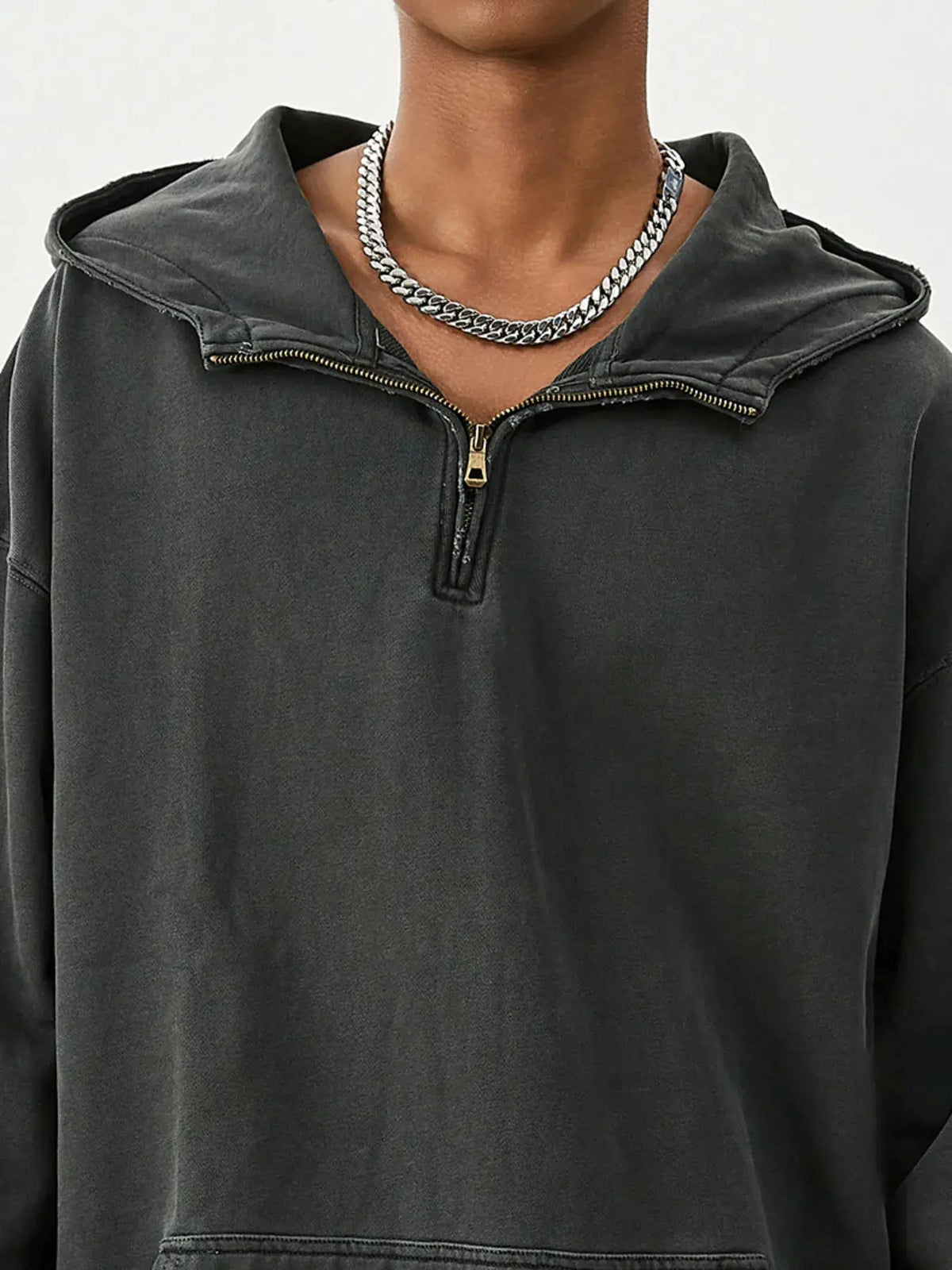 Men's Washed Quarter-Zip Hoodie with Kangaroo Pocket by Trendsi