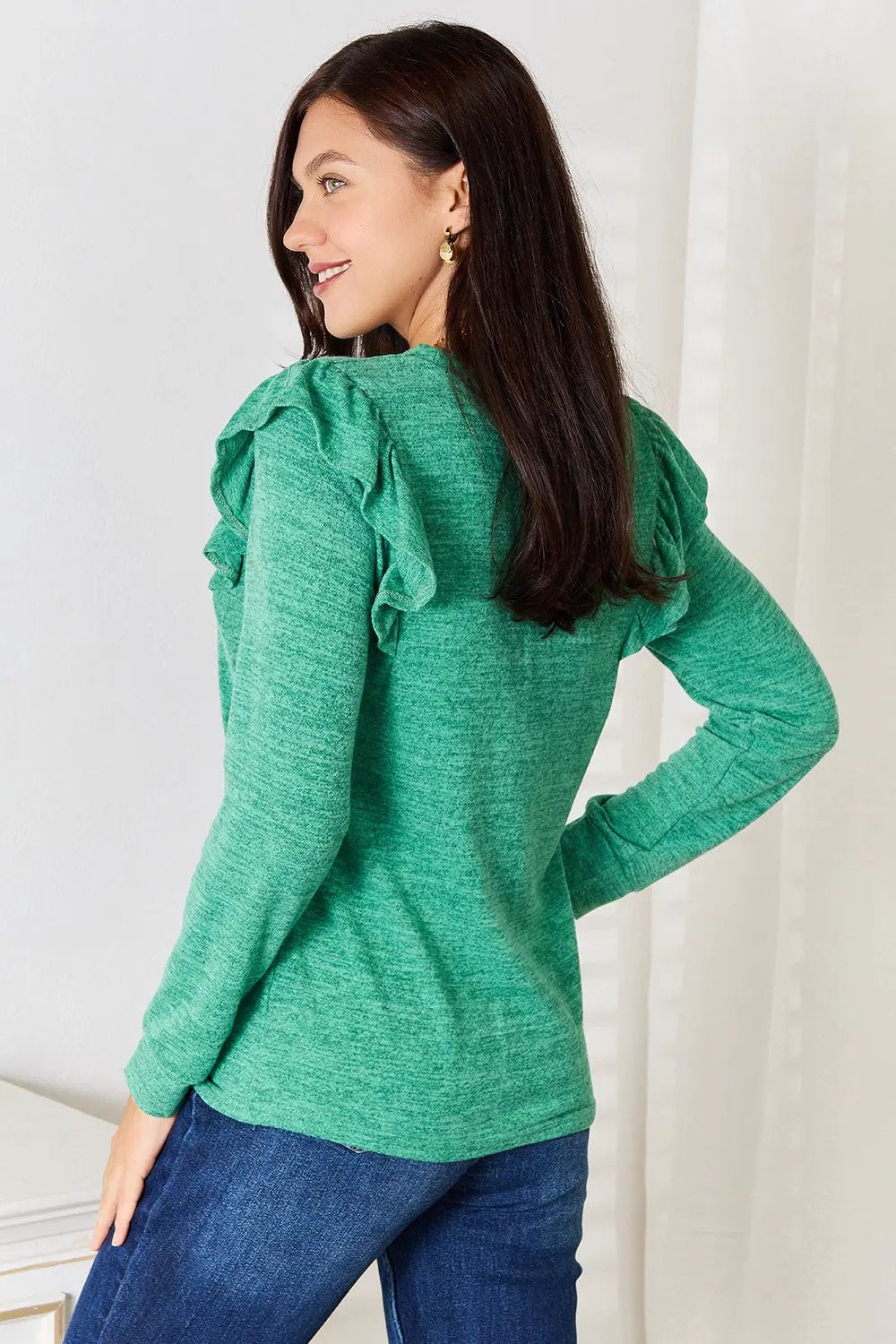 Double Take Ruffle Shoulder Long Sleeve T-Shirt by Double Take