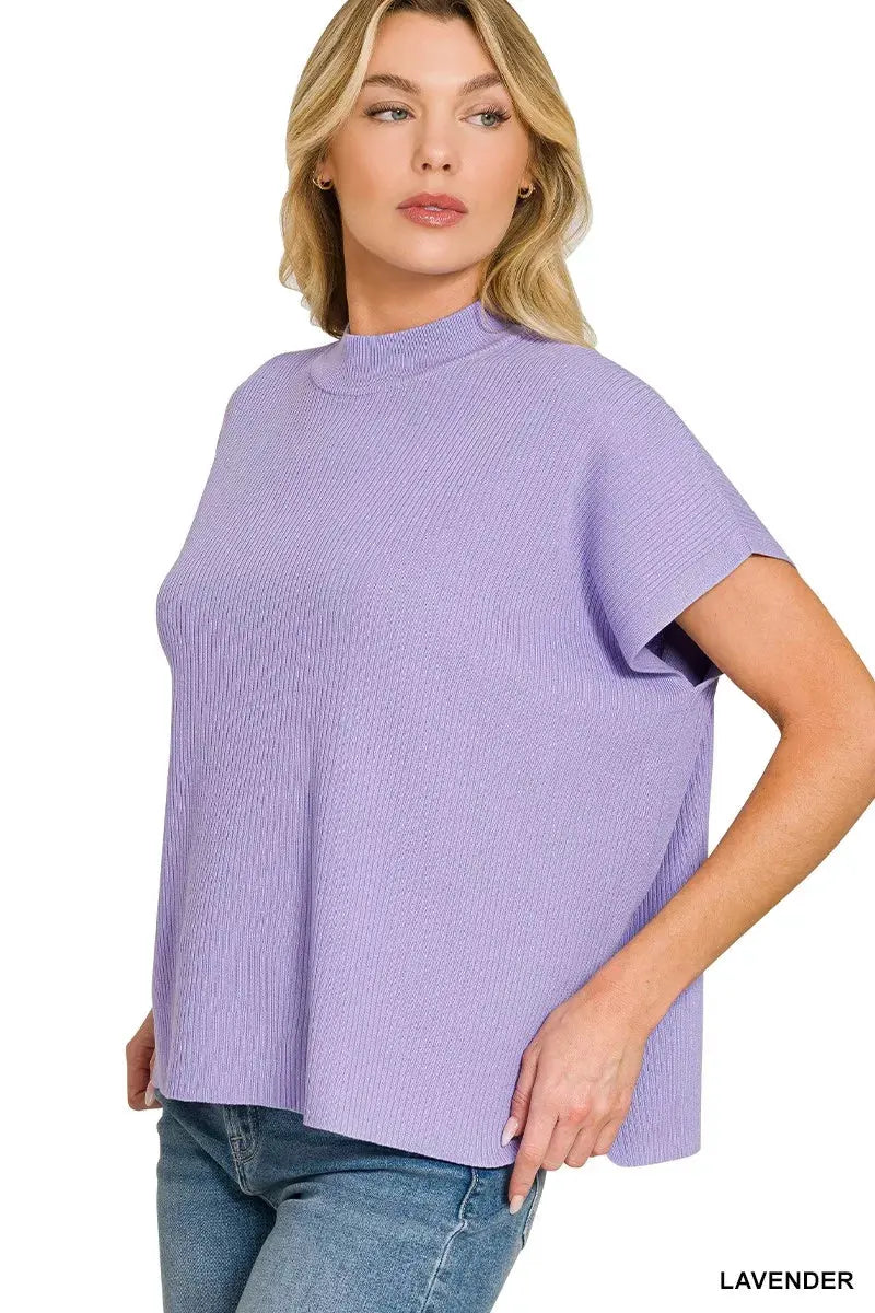 Zenana Viscose Mock Neck Short Sleeve Boxy Sweater by Zenana
