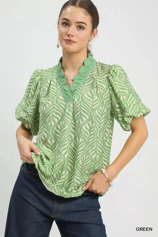 Umgee Printed Puff Sleeve Ruffle Neck Top by Umgee