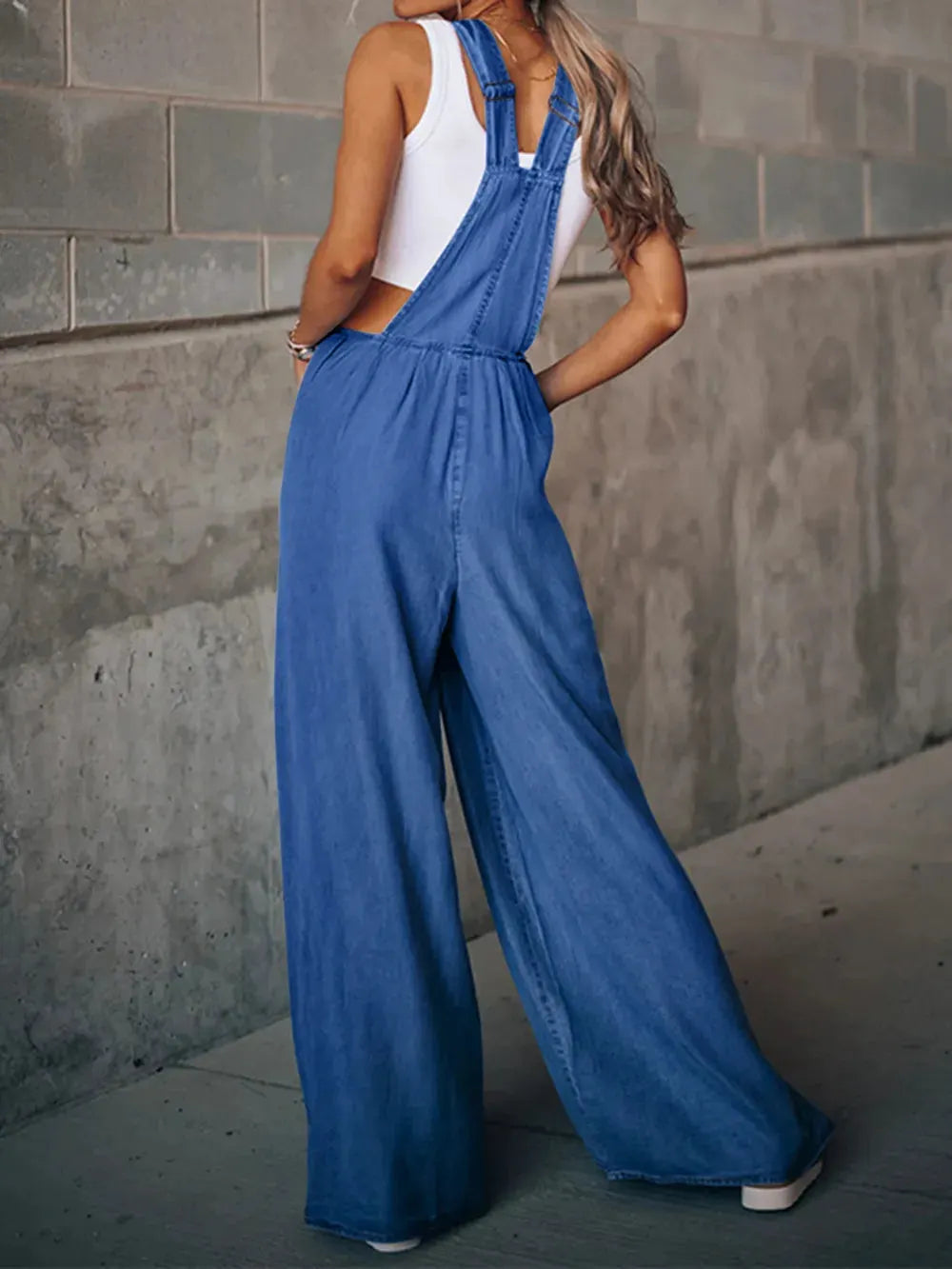 Distressed Wide Leg Denim Overalls by Partner Labels