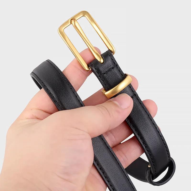 Leather Skinny Belt with Golden Buckle by Trendsi