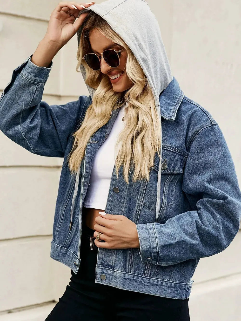 Drawstring Hooded Button Up Denim Jacket by Partner Label