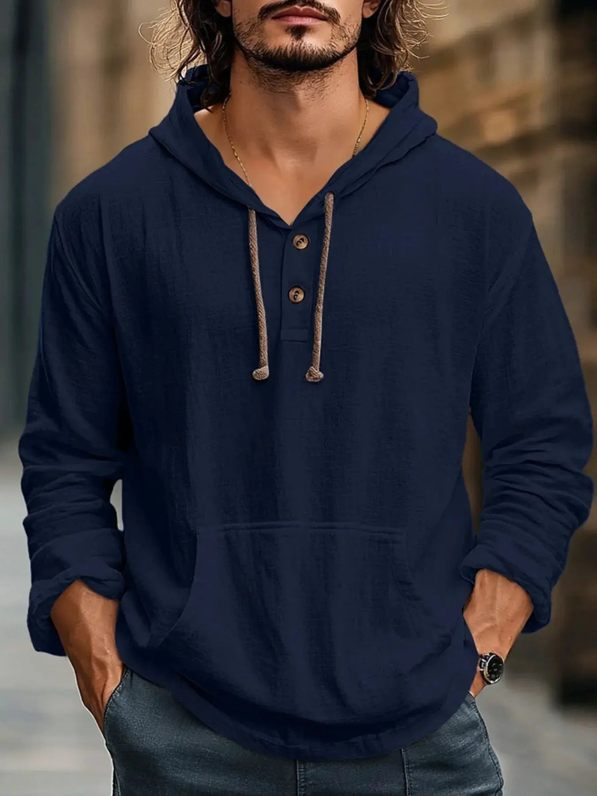Men's Full Size Drawstring Long Sleeve Hoodie with Button Details Plus Size by Trendsi