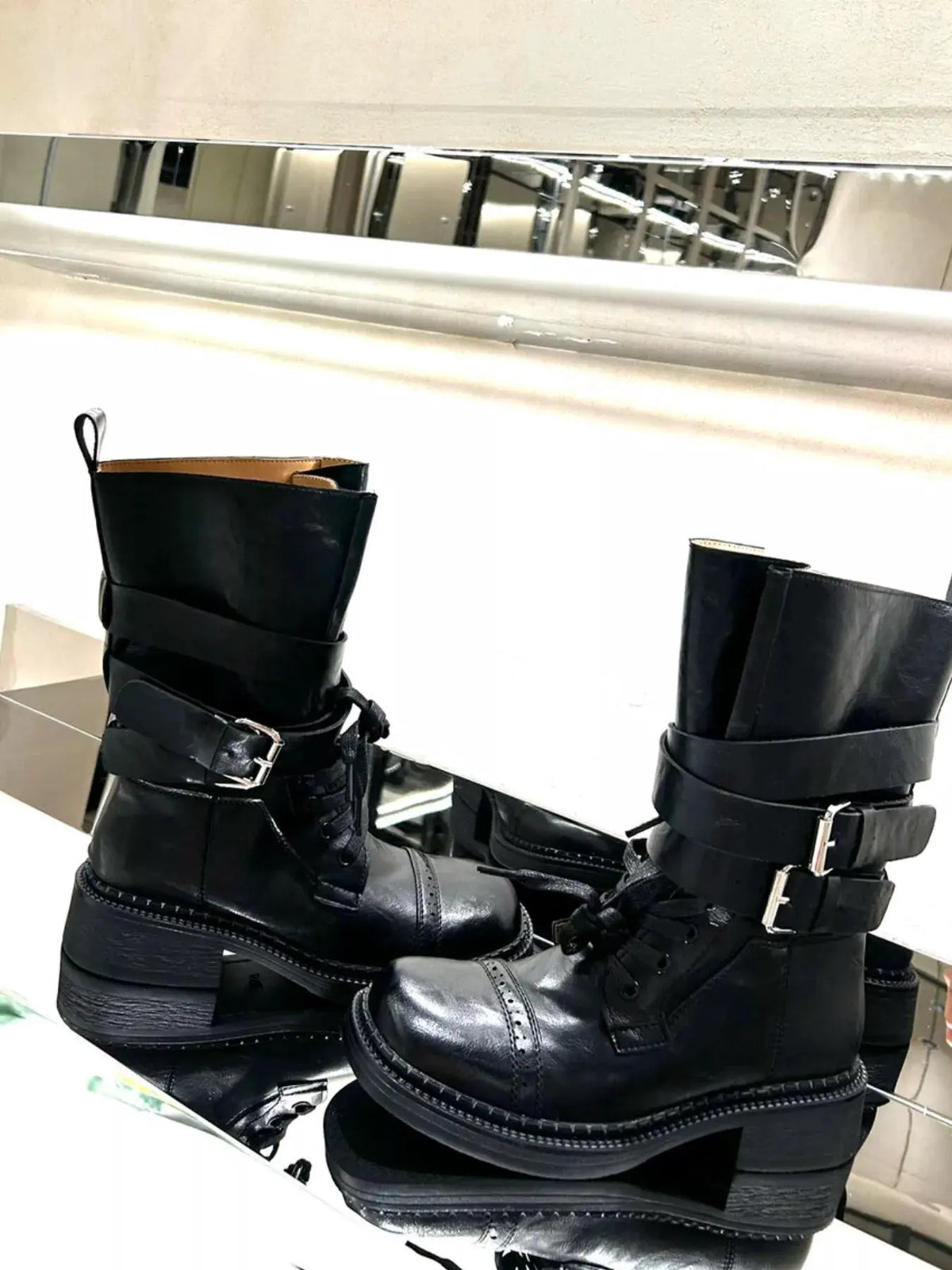 Buckled Leather Block Heel Boots by Partner Label