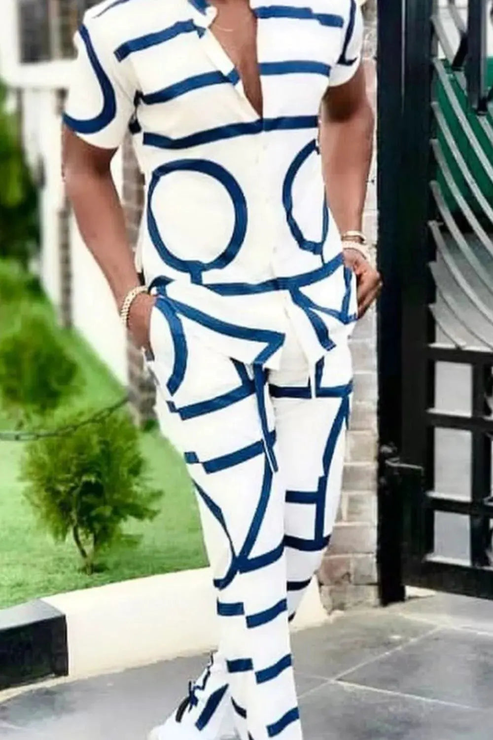 Men's Full Size Geo Print Short Sleeve Top and Pants Set Plus Size by Trendsi