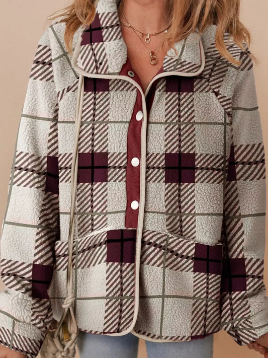Plaid Buttoned Stand Collar Fleece Jacket by Partner Label