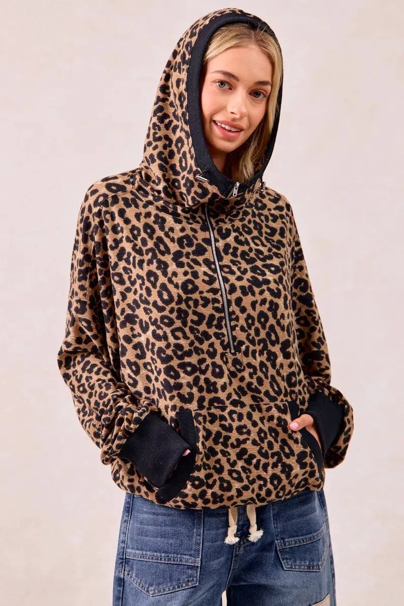 BiBi Leopard Print Waffle Half Zip Up Hoodie W Pocket by BiBi