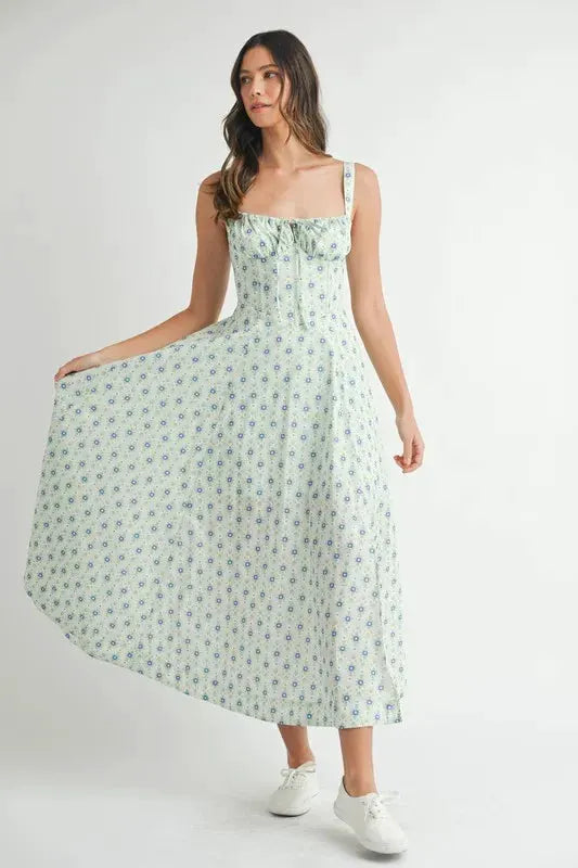 MABLE Floral Print Bustier Back Lace Up Midi Dress by MABLE