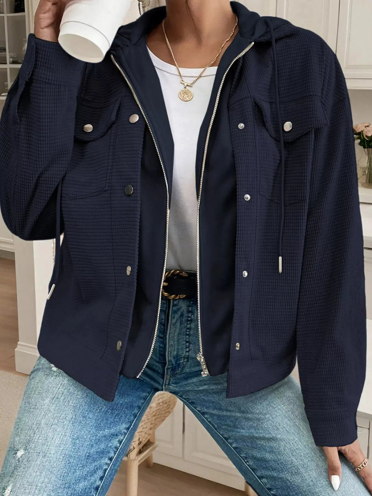 Hooded Waffle Knit Zip-Up Jacket by Partner Label