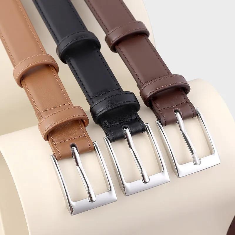 Classic Leather Skinny Belt with Silver Buckle by Trendsi
