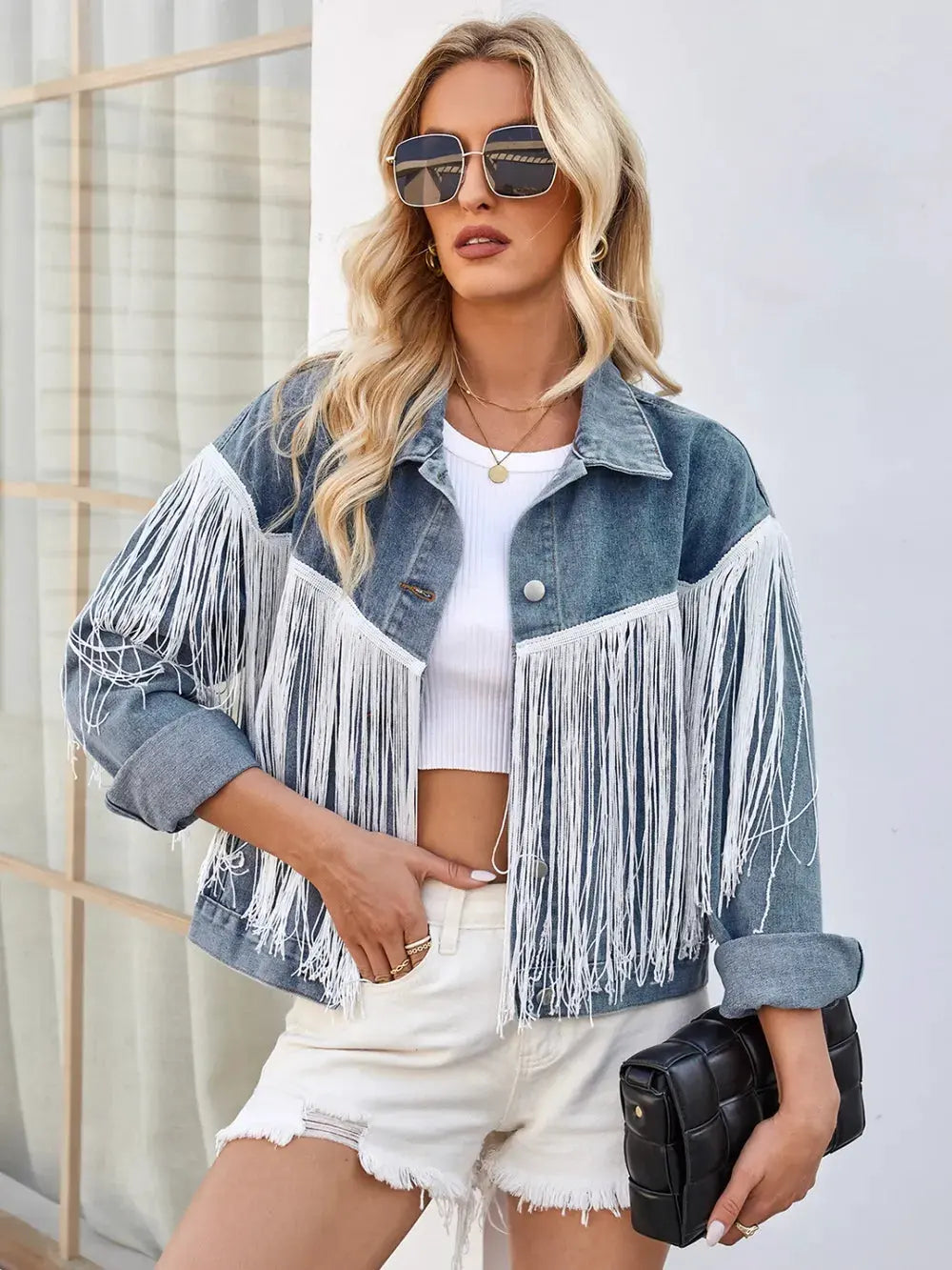 Tassel Button Up Dropped Shoulder Denim Jacket by Partner Label