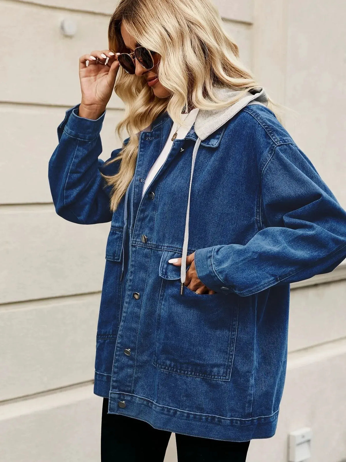 Oversized Button Up Denim Jacket with Hood by Partner Label