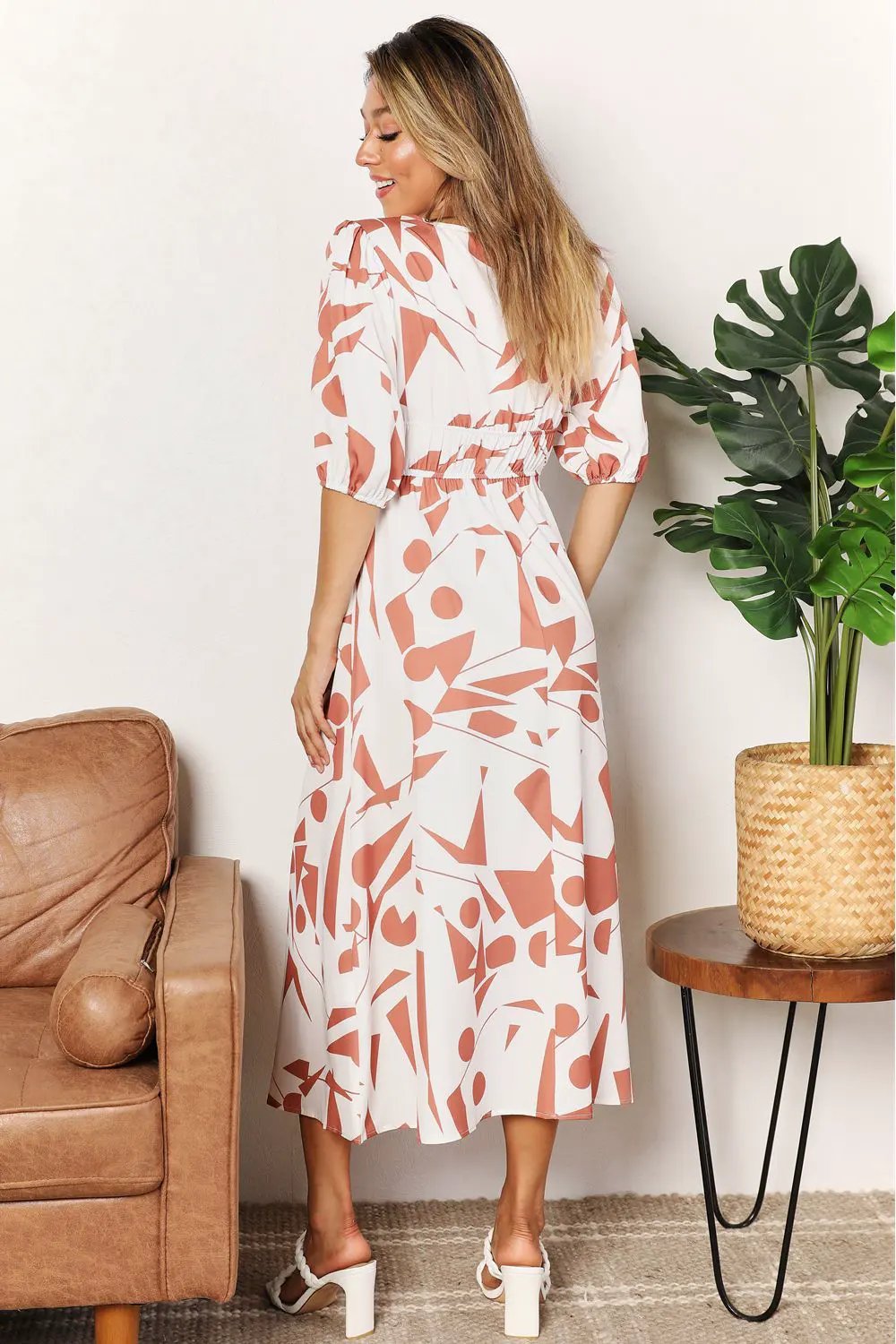 Printed Surplice Balloon Sleeve Dress by Partner Label