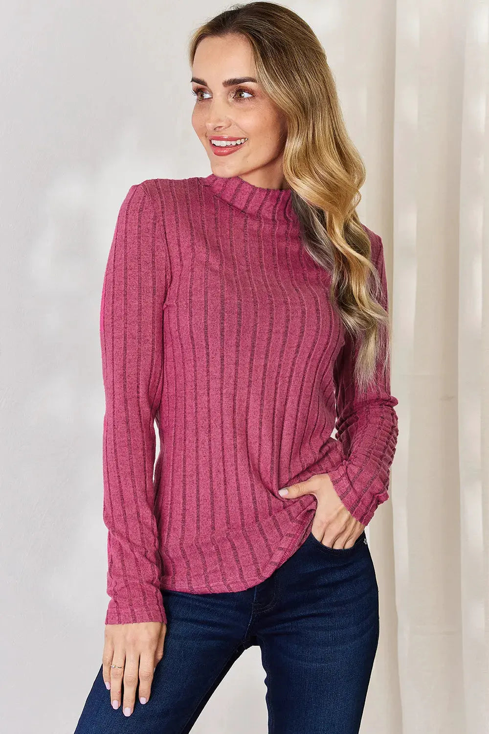 Basic Bae Full Size Ribbed Mock Neck Long Sleeve T-Shirt by Basic Bae
