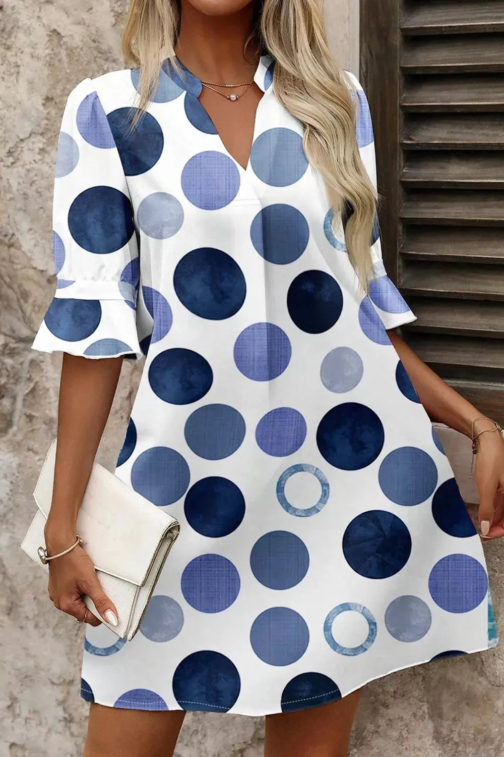 Polka Dot Print Flounced Half Sleeve Casual Vacation Style Mini Dress by Trendsi