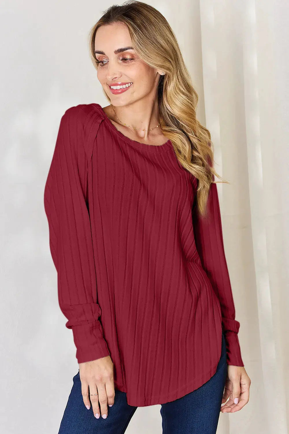 Basic Bae Full Size Ribbed Round Neck Slit T‑Shirt | Partner Labels Selection by Partner Label