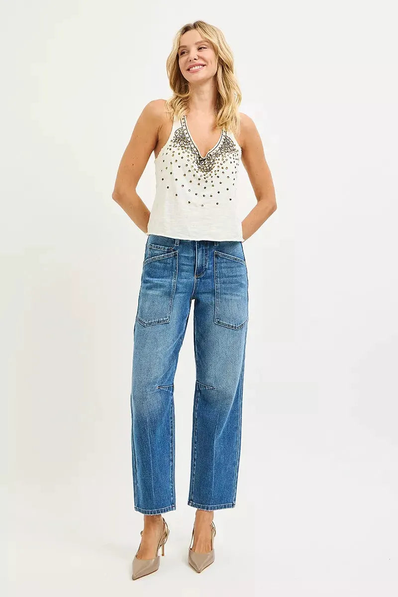 RISEN 4 Way Stretch Mid Rise Barrel Jeans with Patch Pocket Detail by RISEN