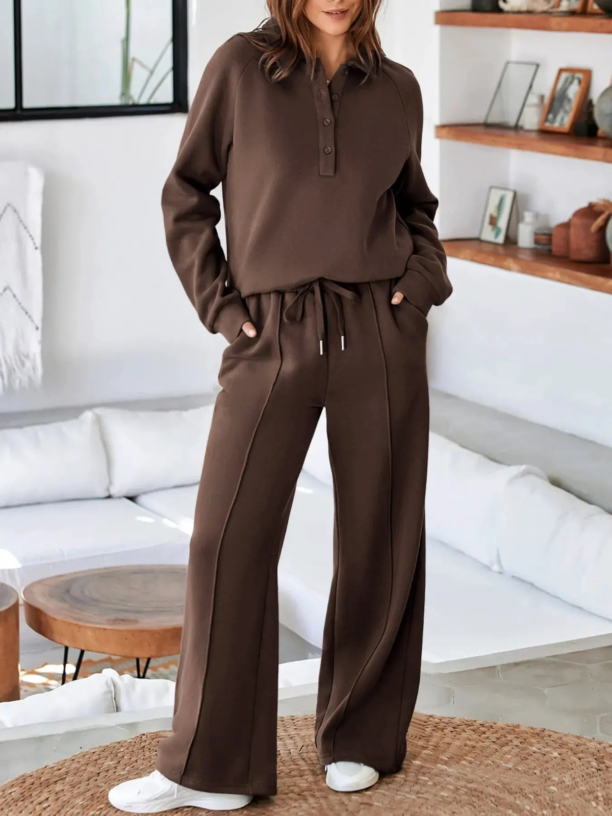 Collared Sweatshirt and High Waist Pants Active Set by Partner Label