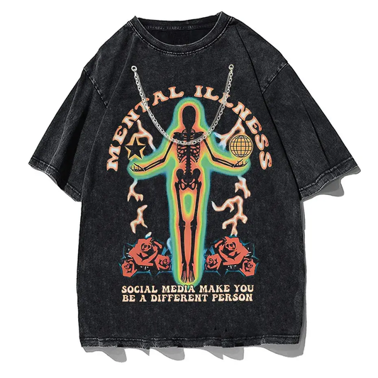 Skeleton Rose Graphic Vintage Washed Cotton T-Shirt Streetwear by Vimost Shop