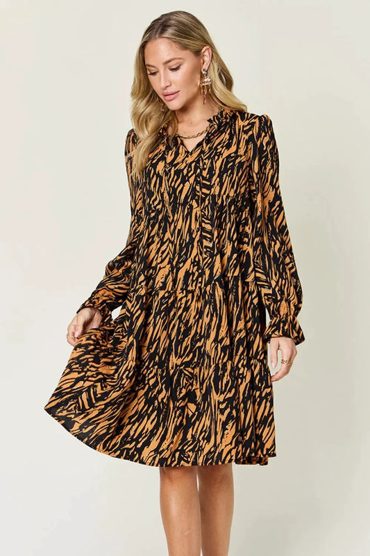 Double Take Full Size Printed Ruffle Hem Long Sleeve Dress by Double Take