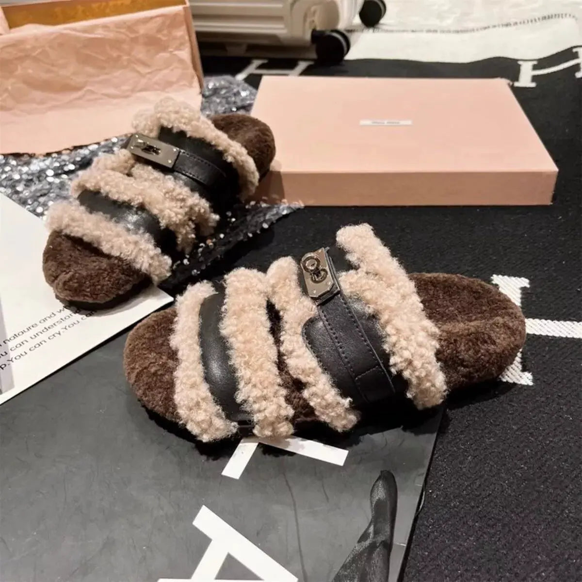 Fuzzy Buckle Accent Plush Slippers by Partnel Label