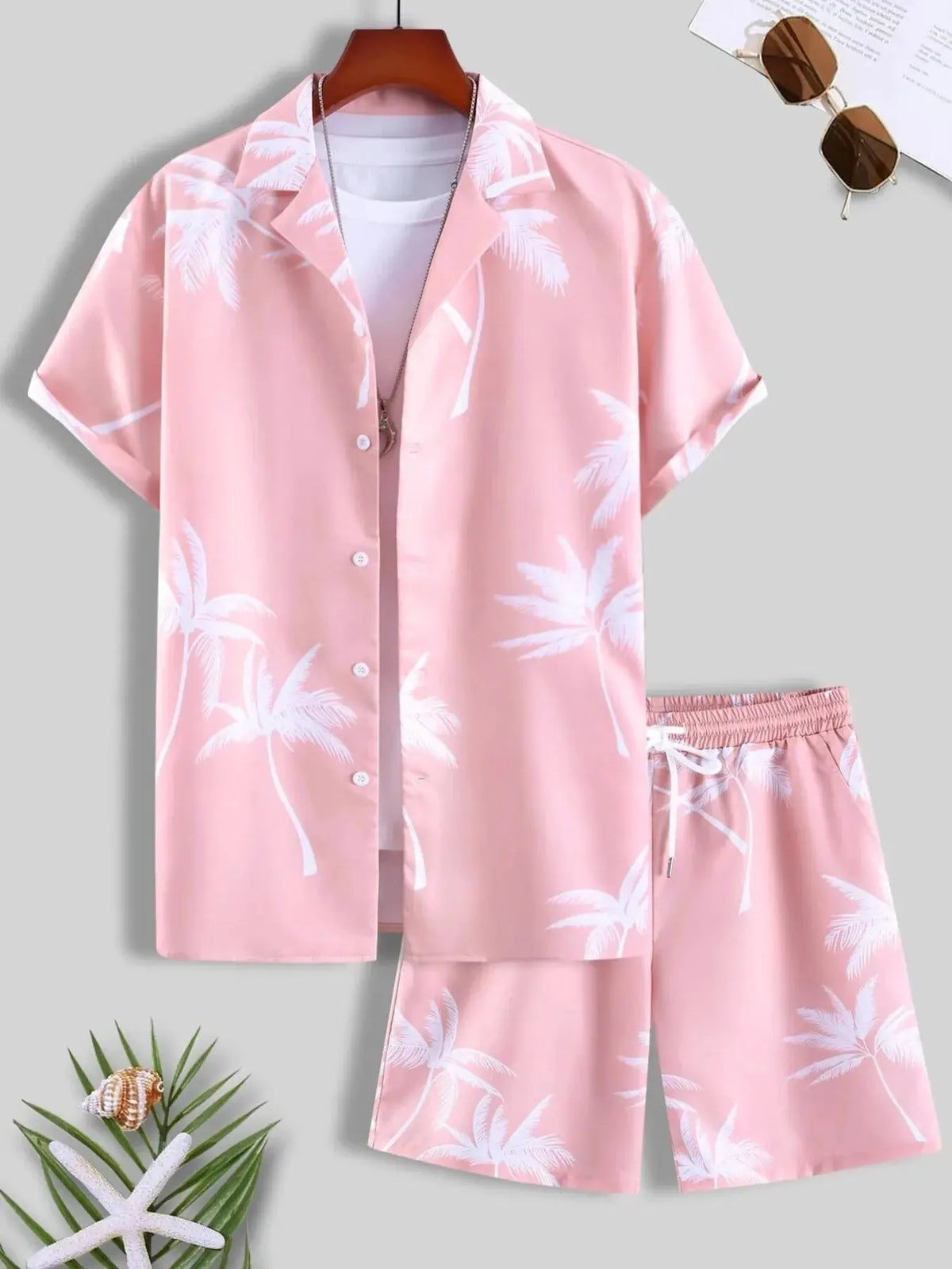 Men's Full Size Palm Print Button Up Shirt and Shorts Set Plus Size by Trendsi