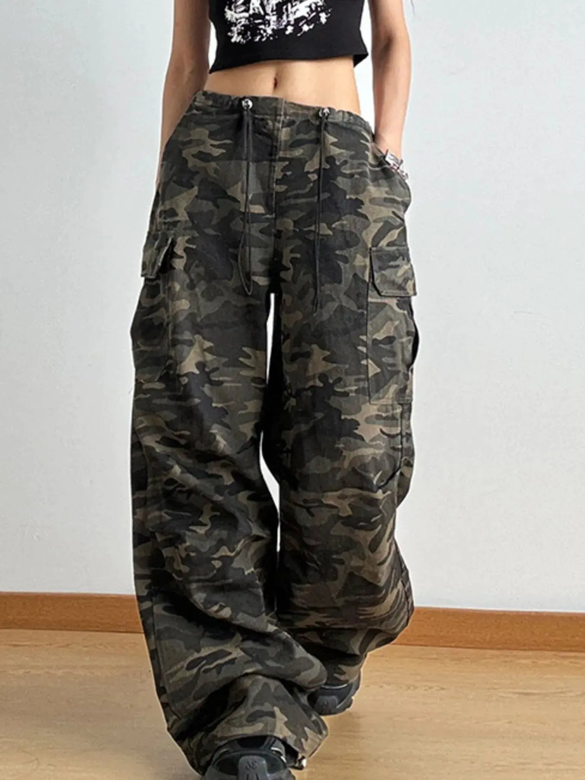 Drawstring Camouflage Cargo Wide Leg Jeans by Partner Label