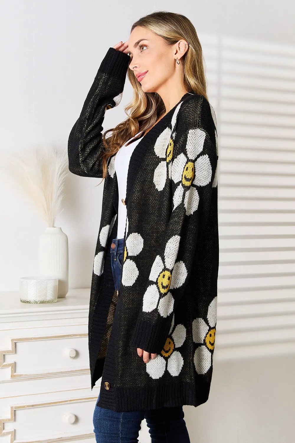 Perfee Floral Button Down Longline Cardigan by Perfee